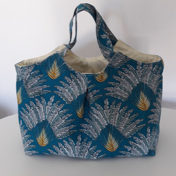 Sac au quotidien "EXOTIQUE" pour ville, shopping, plage, voyage, en coton bleu turquoise & jaune