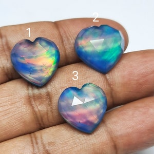 1 pies, aurora opal doublet quartz gemstone, carving heart shape rose cut cabochons, aurora opal high quality, back flat, loose gemstone,