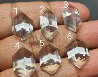 1 pies, clear quartz, faceted step cut, hexagon shape, back flat, clear quartz step cut, jewelry making, designer loose gemstone