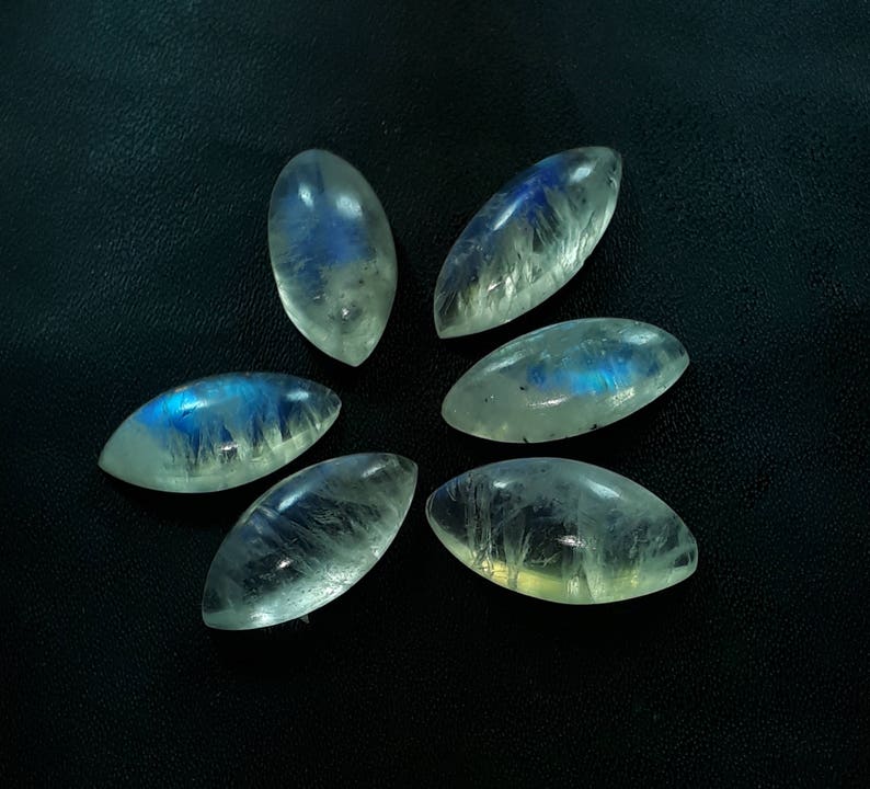 pecs lot natural rainbow moonstone blue flashy cabochon shape marquis size 9x18x5 mm approx 34.50 cts high quality loose gemstome 6