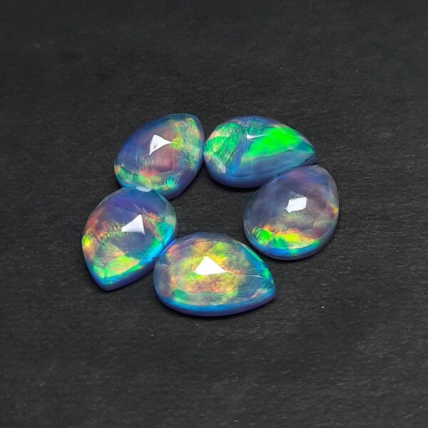 1 pies aurora opal doublet, rose  cut doublet cabochon, shape pear, fire opal, loose gemstone, lab created,