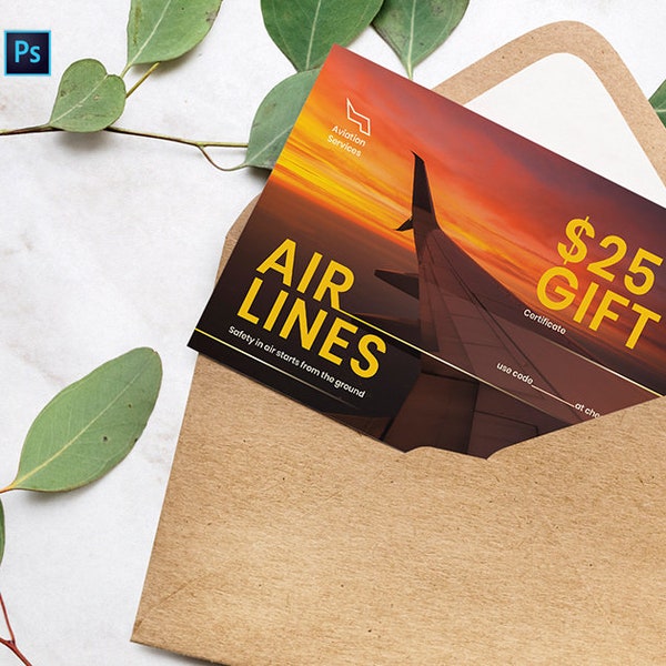 Aviation Airlines Gift Certificate | Gift Card, Voucher | Digital Download, Editable Template, Minimalist | Photoshop, Illustrator, Vector