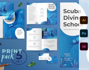 Scuba Diving School Print Pack Templates | Digital Download, Editable Template, Minimalist | Photoshop, Illustrator, Vector