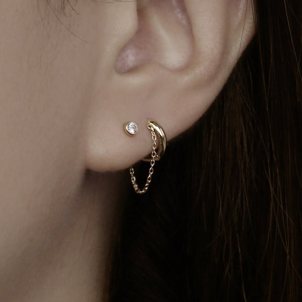 Einzelner kleiner Ketten-Creolen-Ohrring aus 14-karätigem Gold, minimalistischer Huggie-Creolen-Ohrring, einfacher alltäglicher Ohrring, Lobe-Helix-Knorpel-Piercing