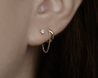 Einzelner kleiner Ketten-Creolen-Ohrring aus 14-karätigem Gold, minimalistischer Huggie-Creolen-Ohrring, einfacher alltäglicher Ohrring, Lobe-Helix-Knorpel-Piercing