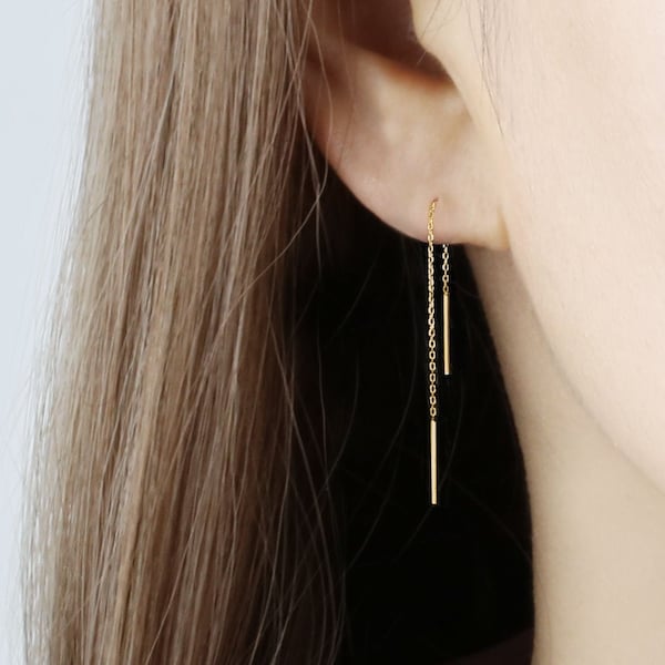 14k Solid Gold Double Bar Thin Threader Earring, Ear Threader, Gold Drop Earring, Delicate Chain Earring, Pull Through Dangling Earring