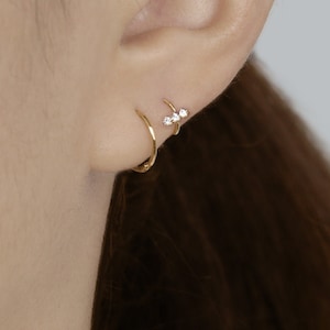14k Solid Gold Tiny Trinity CZ Bar Hoop Earring, Helix Cartilage Hoop Earring, Minimalist Earring, Huggie Hoop Earring, Small Hinged Hoop