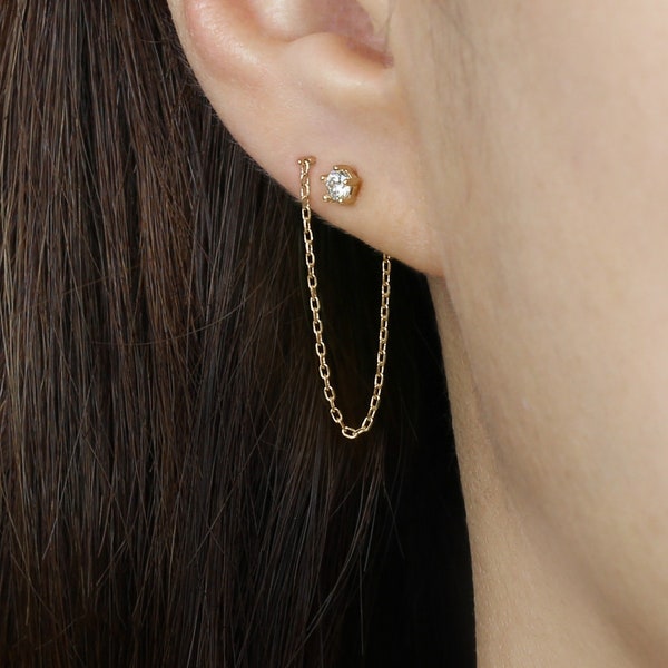 14k Solid Gold CZ Threader Drop Earring, Delicate Chain Earring, String Earring, Pull Through Dangling Earring, Multiway Earring