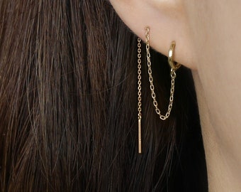 Aro de oro macizo de 14 k con cadena extra larga, aro colgante tipo huggie, aro colgante con bisagra y doble perforación.