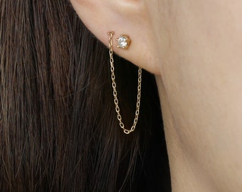 Pendiente de oro macizo de 14 k con circonitas cúbicas, delicado pendiente de cadena, pendiente de hilo, pendiente colgante con tirador, pendiente multiposición