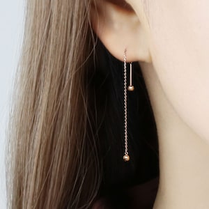 14k Solid Gold Double Ball Threader Earring, Rose Gold Drop Earring, Delicate Chain Earring, Chain Piercing, Pull Through Dangling Earring