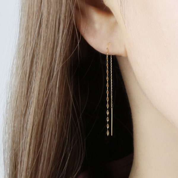 14k Solid Gold Double Chain Threader Earring, Ear Threader, Real Gold Drop Earring, Delicate Chain Earring, Pull Through Dangling Earring