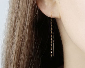 14k Solid Gold Double Chain Threader Earring, Ear Threader, Real Gold Drop Earring, Delicate Chain Earring, Trek door bungelende oorbel