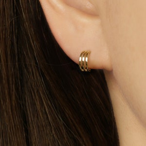14k Solid Gold Dainty Trinity Hoop Stud Earring, Simple Gold Earring, Minimalist Earring, Small Hoop Stud Earring