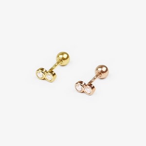 14k Solid Gold Small Double CZ Stud Earring, Lobe Helix Cartilage Piercing, Minimalist Jewelry, Small Delicate Earring, Screw Back Earring