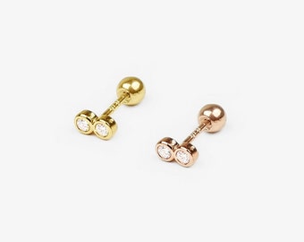 14k Solid Gold Small Double CZ Stud Earring, Lobe Helix Cartilage Piercing, Minimalist Jewelry, Small Delicate Earring, Screw Back Earring