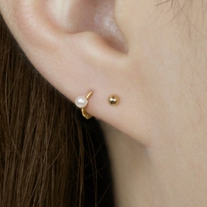 14k Solid Gold Tiny Pearl Hoop Earring, Helix Cartilage Hoop Earring, Minimalist Earring, Huggie Hoop Earring, Small Hinged Hoop Earring