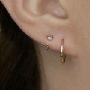 14k Solid Gold CZ Threader Hoop Earring, 18Gauge, Lobe Tragus Cartilage Helix Piercing, Delicate Tiny Earring