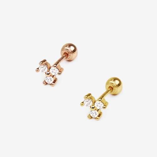 14k Solid Gold Small Trinity CZ Stud Earring Screw Back - Etsy