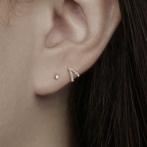 14k Solid Gold Layered CZ Hoop Earring / Unique Double Huggie Hoop Earring Simple Everyday Earring for Cartilage Lobe Piercing Gift for Her