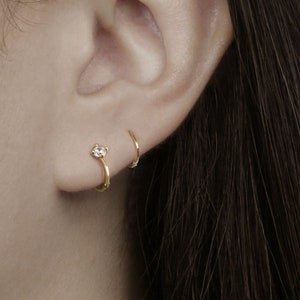 14k Solid Gold Small Single CZ Hoop Earring, Dainty Helix Cartilage Hoop Earring, Minimalist Earring, Huggie Hoop Earring, Lobe Hinged Hoop