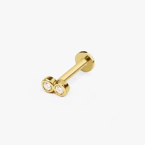 14k Solid Gold Double Bezel CZ Internally Threaded Labret Stud Earring, Flat Back 18Gauge Tiny Lobe Tragus Cartilage Helix Piercing