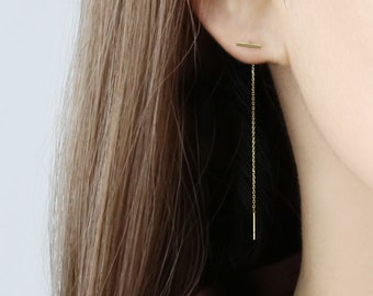 14k Solid Gold Tiny Bar Threader Earring, Drop Earring, Delicate Chain Earring, String Earring, Trek door bungelende oorbel, Bar Stud