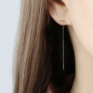 14k Solid Gold Tiny Bar Threader Earring, Drop Earring, Delicate Chain Earring, String Earring, Pull Through Dangling Earring, Bar Stud