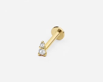14k Solid Gold Micro CZ Triangle Internally Threaded Labret Stud Earring, 18Gauge,Lobe Tragus Cartilage Helix Piercing,Delicate Tiny Earring