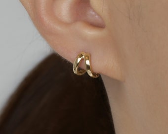 14k Solid Gold Small Double Hoop Earring, Minimalist Earring, Huggie Hoop Earring, Small Hinged Hoop Earring, Gift