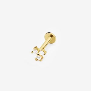 14k Solid Gold Trinity CZ Dot Internally Threaded Labret Stud Earring, Flat Back 18Gauge Tiny Lobe Tragus Cartilage Helix Piercing