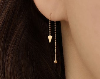 Pendiente de oro macizo de 14 k con cadena triangular plana, bola roscada, pendiente colgante, pendiente de cadena delicada, piercing de cadena, pendiente colgante con tirador.