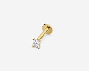 14k Solid Gold Tiny Square CZ Internally Threaded Labret Stud Earring, 18Gauge, Lobe Tragus Cartilage  Helix Piercing, Delicate Tiny Earring