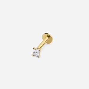 14k Solid Gold Tiny Square CZ Internally Threaded Labret Stud Earring, 18Gauge, Lobe Tragus Cartilage  Helix Piercing, Delicate Tiny Earring
