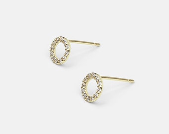 14k Solid Gold Small CZ Open Circle Stud Earring, Dainty CZ Gold Stud Earring, Minimalist Simple Gold Earring, Second Hole Earring