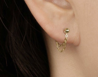 14k Solid Gold Ball Chain Stud Earring, Dainty Stud Earring, Minimalist Earring, Helix Cartilage Piercing, Unique Earring, Delicate earring
