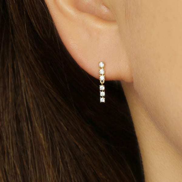 Boucle d'oreille pendante barre CZ en or massif 14 carats, bâton d'oreille, boucle d'oreille barre pendante, boucle d'oreille ligne, clou d'oreille goutte, boucle d'oreille de tous les jours
