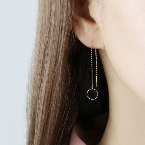 14k Solid Gold Circle Long Threader Earring, Drop Chain Earring, Delicate Chain Earring, String Earring, Pull Through Dangling Earring