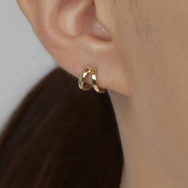 14k Solid Gold Small Double Hoop Earring, Minimalist Earring, Huggie Hoop Earring, Small Hinged Hoop Earring, Gift