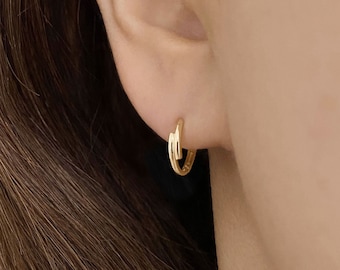 14k Solid Gold Link Hoop Earring, Simple Hoop Earring, Medium Hoop Earring, Huggie Hoop Earring, Gold Small Hinged Hoop Earring