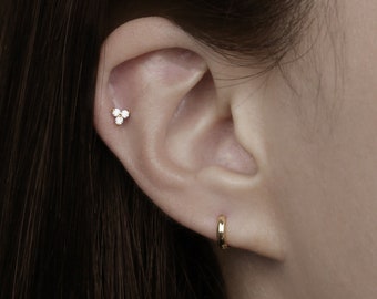 14k Solid Gold Trinity CZ Internally Threaded Labret Stud Earring, 18Gauge, Lobe Tragus Cartilage  Helix Piercing, Delicate Tiny Earring