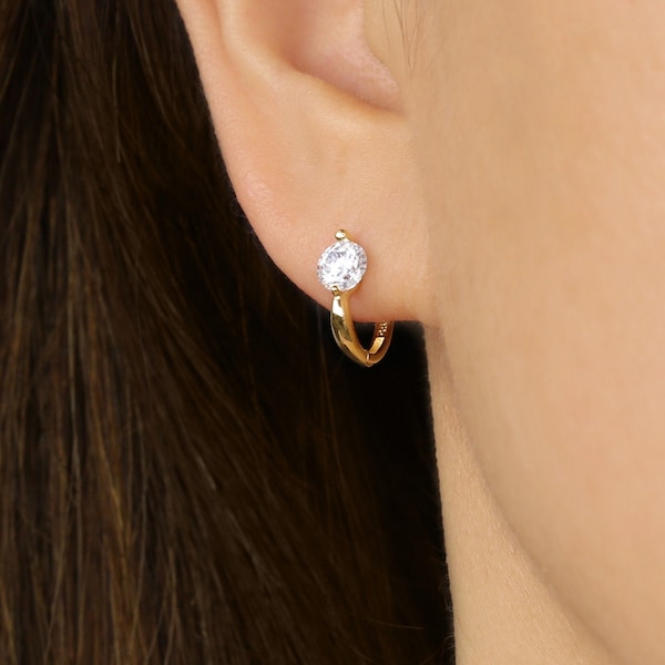 14k Solid Gold 5mm CZ Hoop Earring, Small Hoop Earring, Simple Huggie Hoop Earring, Earring for work, Dainty Everyday Earring, Gift for Her
