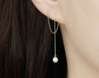 14k Solid Gold Threader Freshwater Pearl Drop Earring, Dangle Chain Earring, Double Hole Earring, Simple Elegant Earring, Double Piercing