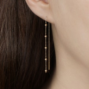 14k Solid Gold Ball Chain Long Threader Earring, Drop Earring, Delicate Chain Earring, Minimal Pull Through Dangling Earring, Unique Earring