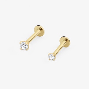 14k Solid Gold Tiny CZ Internally Threaded Labret Stud Earring, 18Gauge, Lobe Tragus Cartilage  Helix Piercing, Delicate Tiny Earring