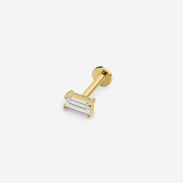 14k Solid Gold Baguette CZ Internally Threaded Labret Stud Earring, 18Gauge, Lobe Tragus Cartilage  Helix Piercing, Delicate Tiny Earring