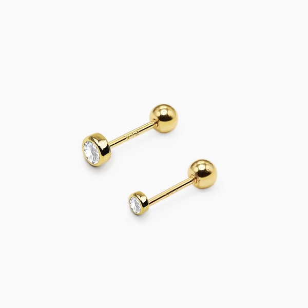 14k Solid Gold 2mm 3mm Bezel CZ Stud Earring, Dainty Screw Back Earring, Tiny CZ Earring, Minimalist Earring, Small Stone Stud Earring