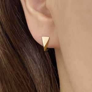 14k Solid Gold Three-Dimensional Triangle Hoop Earring, Minimalist Earring, Huggie Hoop Earring, Small Hinged Hoop Earring, Everyday Earring