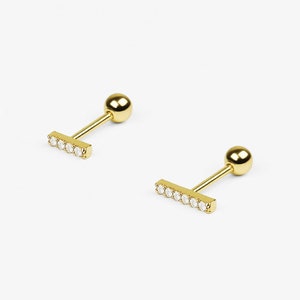 14k Solid Gold Small CZ Bar Stud Earring, Dainty Bar Piercing, Line Gold Earring, Second Hole Earring, Minimal Bar Earring,Cartilage Earring
