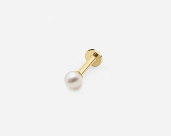 14k Solid Gold Pearl Internally Threaded Labret Stud Earring, 18Gauge, Lobe Tragus Cartilage  Helix Piercing, Everyday Small Earring